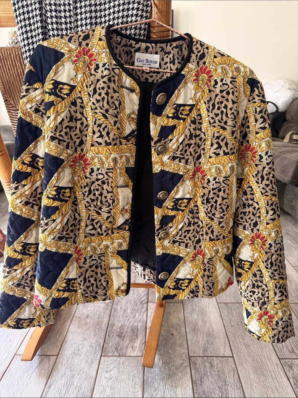 Gay Boyer Quilted Collarless Jacket in Black & Gold Chain-Print